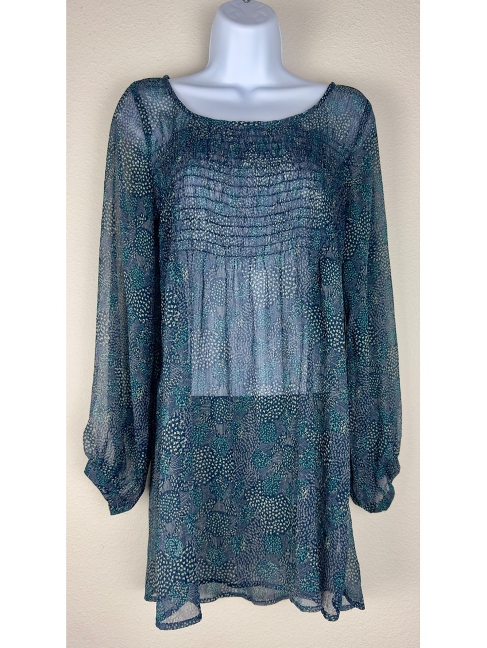 O’Neill Sheer Blue Green Print Smocked Boho Tunic Dress Swim Cover Up